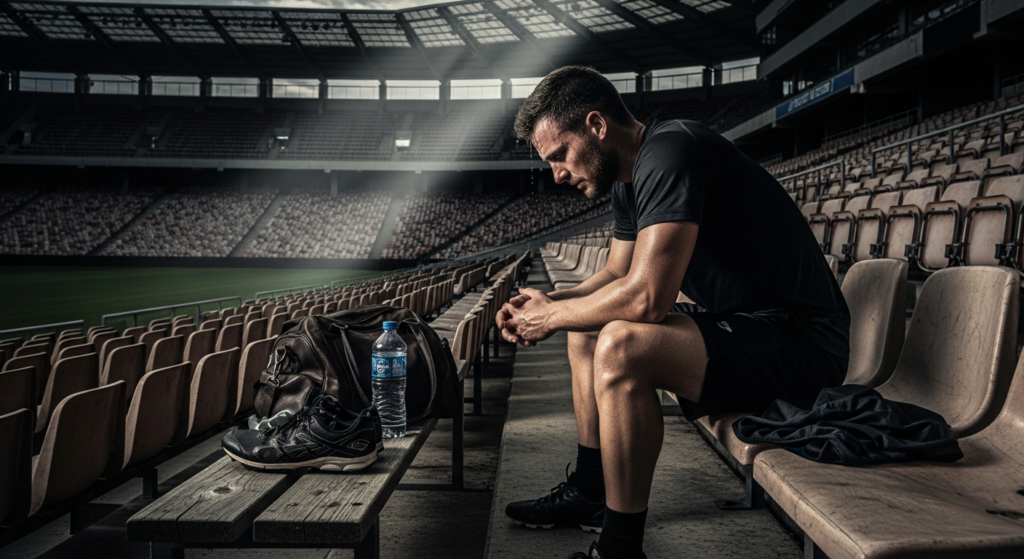 Professional athlete contemplating on stadium bench, representing the mental health challenges in sports