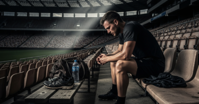 Professional athlete contemplating on stadium bench, representing the mental health challenges in sports