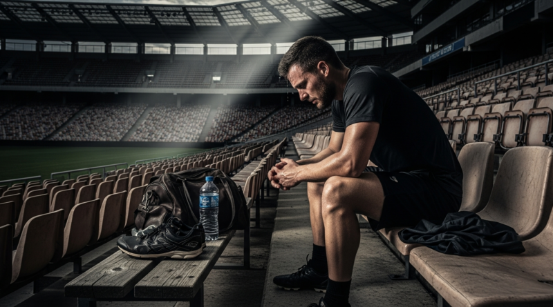 Professional athlete contemplating on stadium bench, representing the mental health challenges in sports